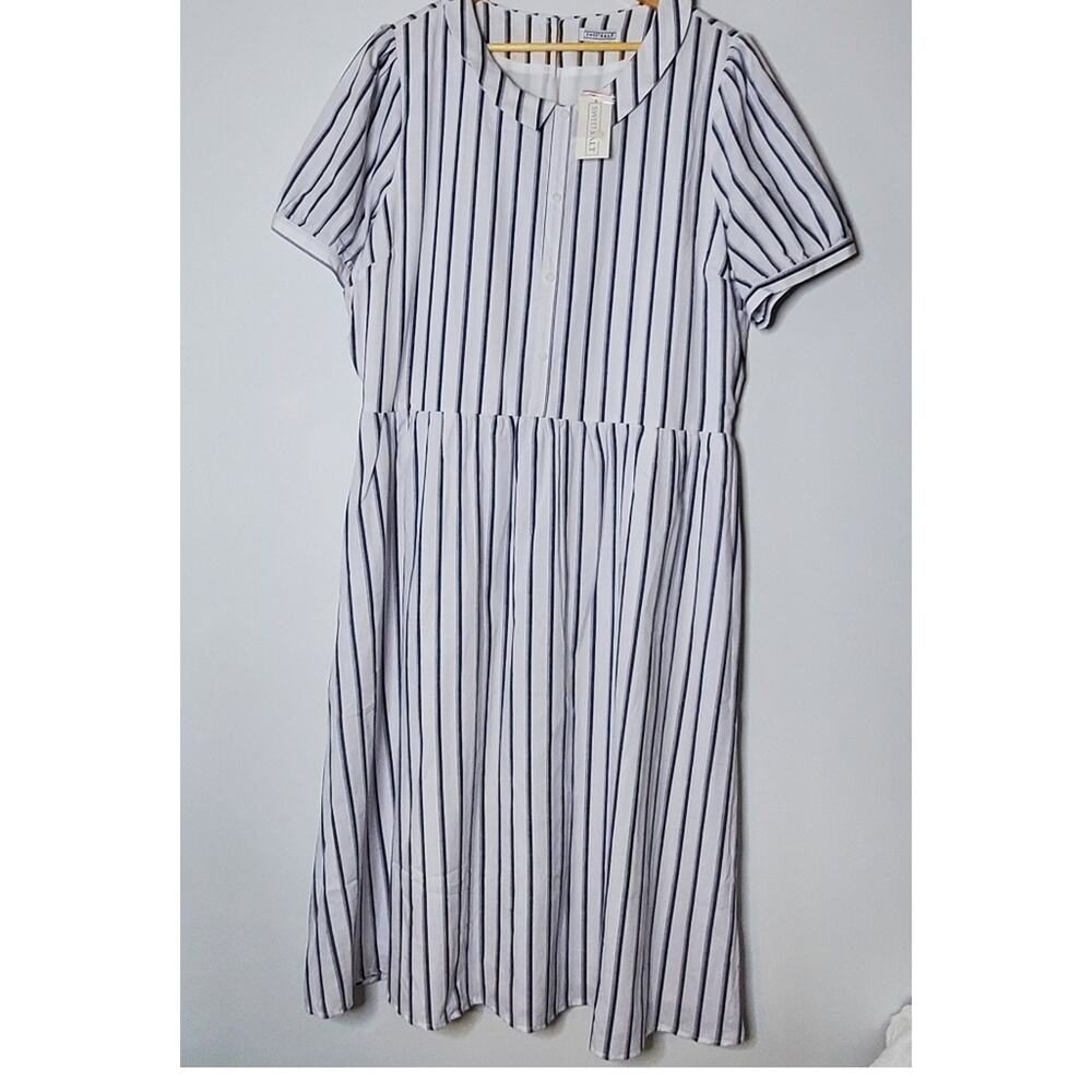 Sweetsalt white and blue stripes collar neck  puffed sleeve modest dress NWT